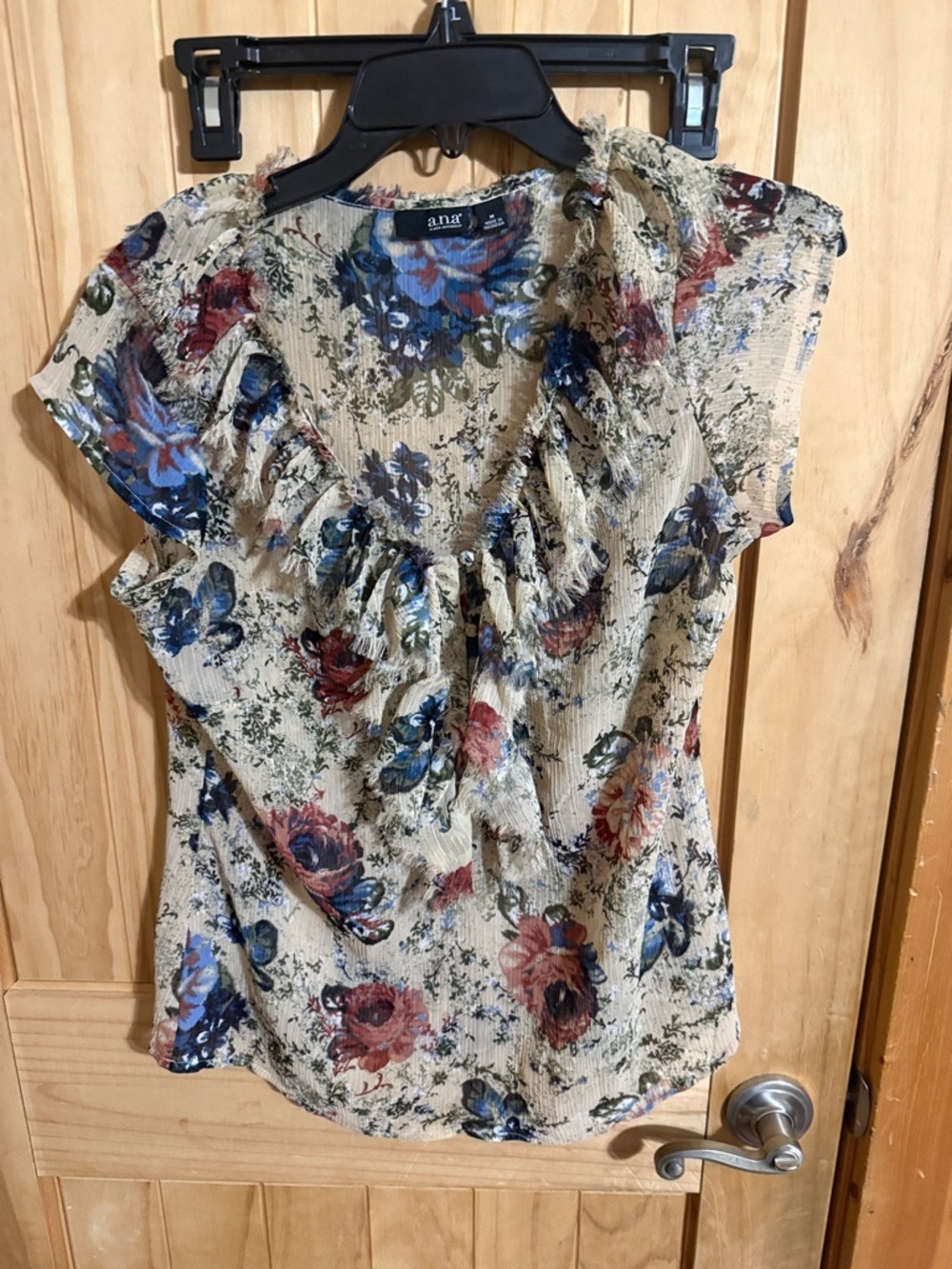 a.n.a Beige Floral Ruffle Sleeve Blouse with Blue & Red Flowers